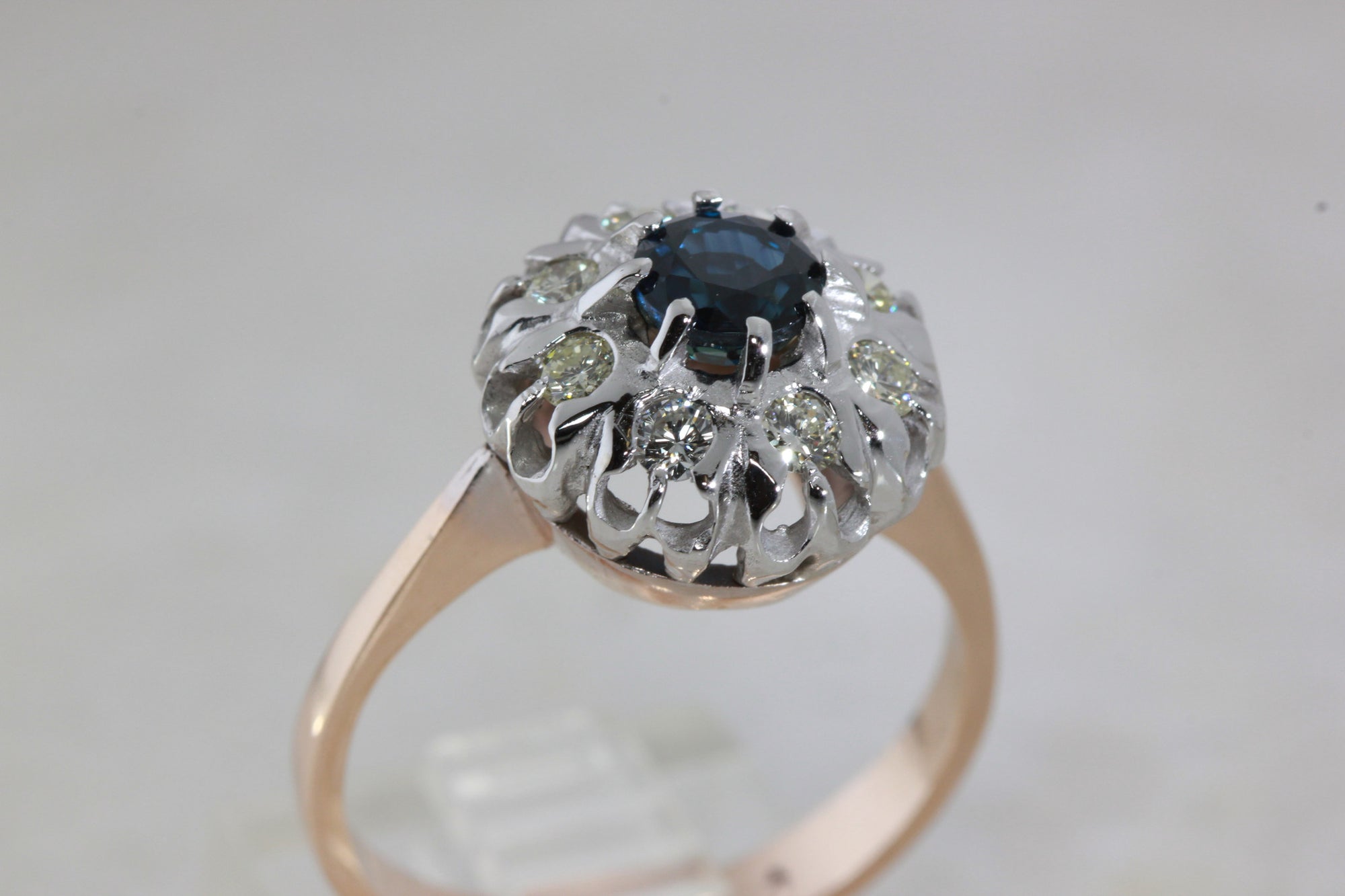 ANTIQUE VICTORIAN 14k WHITE & PINK GOLD SAPPHIRE & DIAMOND RING