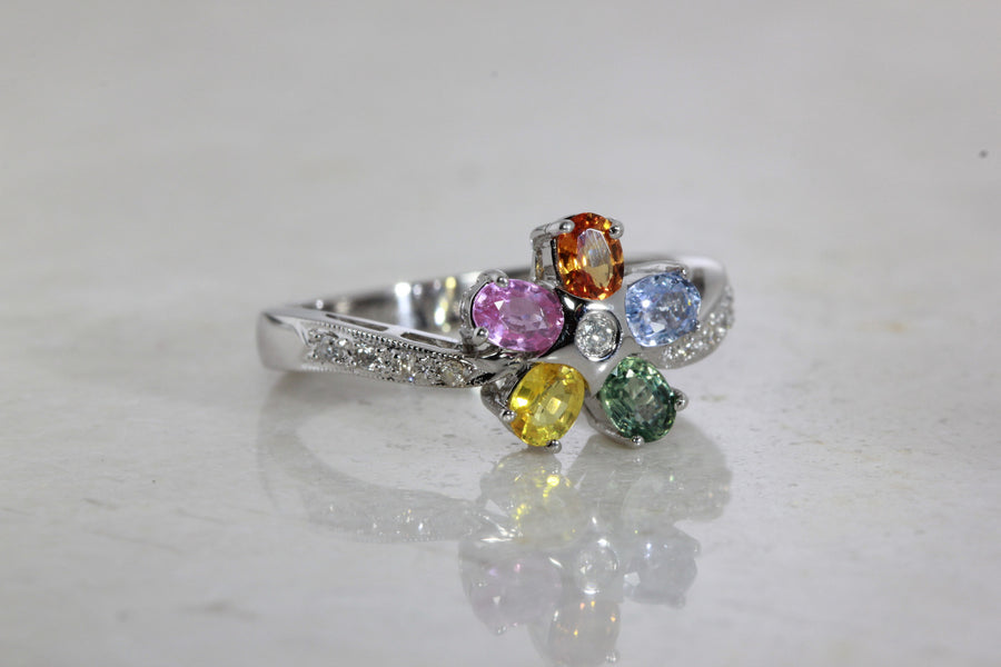 MODERN FLOWER RAINBOW 14k WHITE GOLD SAPPHIRE & DIAMOND RING