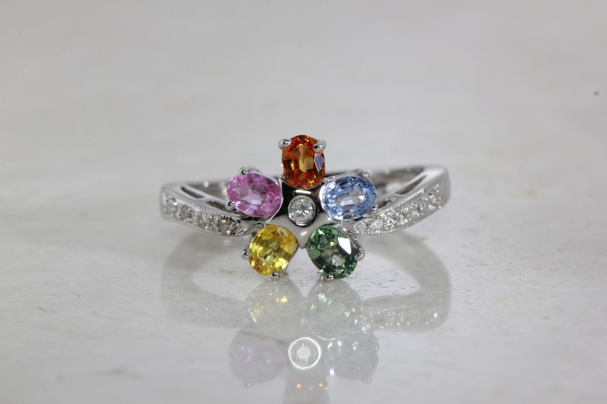 MODERN FLOWER RAINBOW 14k WHITE GOLD SAPPHIRE & DIAMOND RING