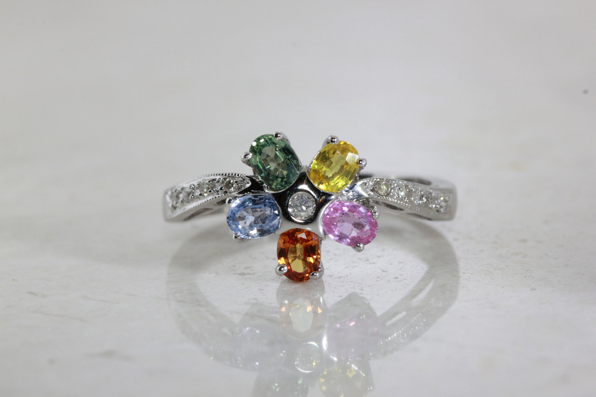MODERN FLOWER RAINBOW 14k WHITE GOLD SAPPHIRE & DIAMOND RING