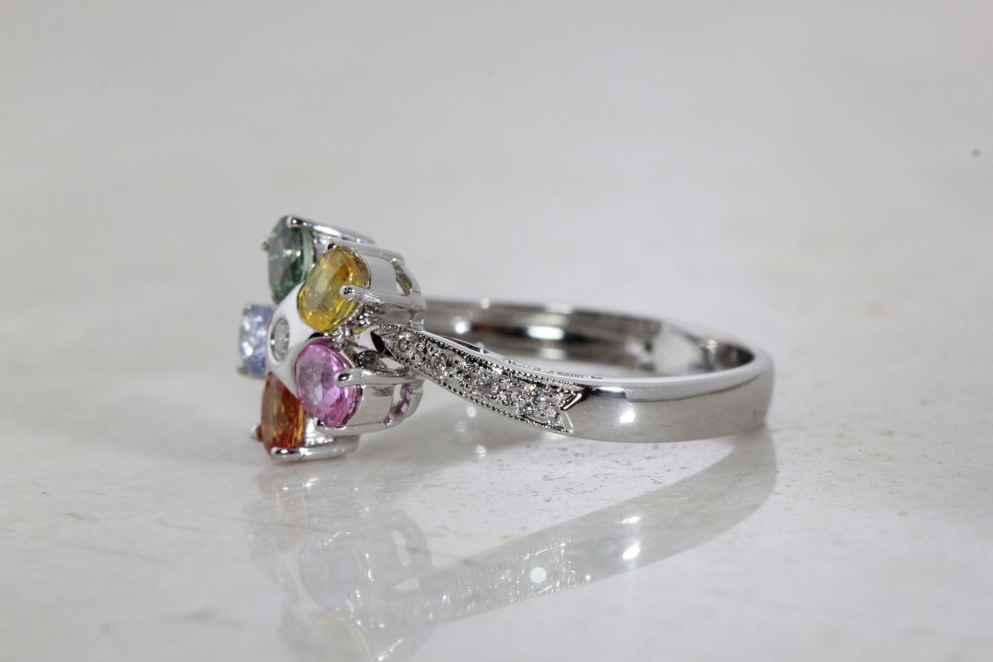 MODERN FLOWER RAINBOW 14k WHITE GOLD SAPPHIRE & DIAMOND RING