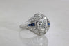 ART DECO FILIGREE ENGAGEMENT RING W/ OLD EURO DIAMOND AND SAPPHIRE IN PLATINUM