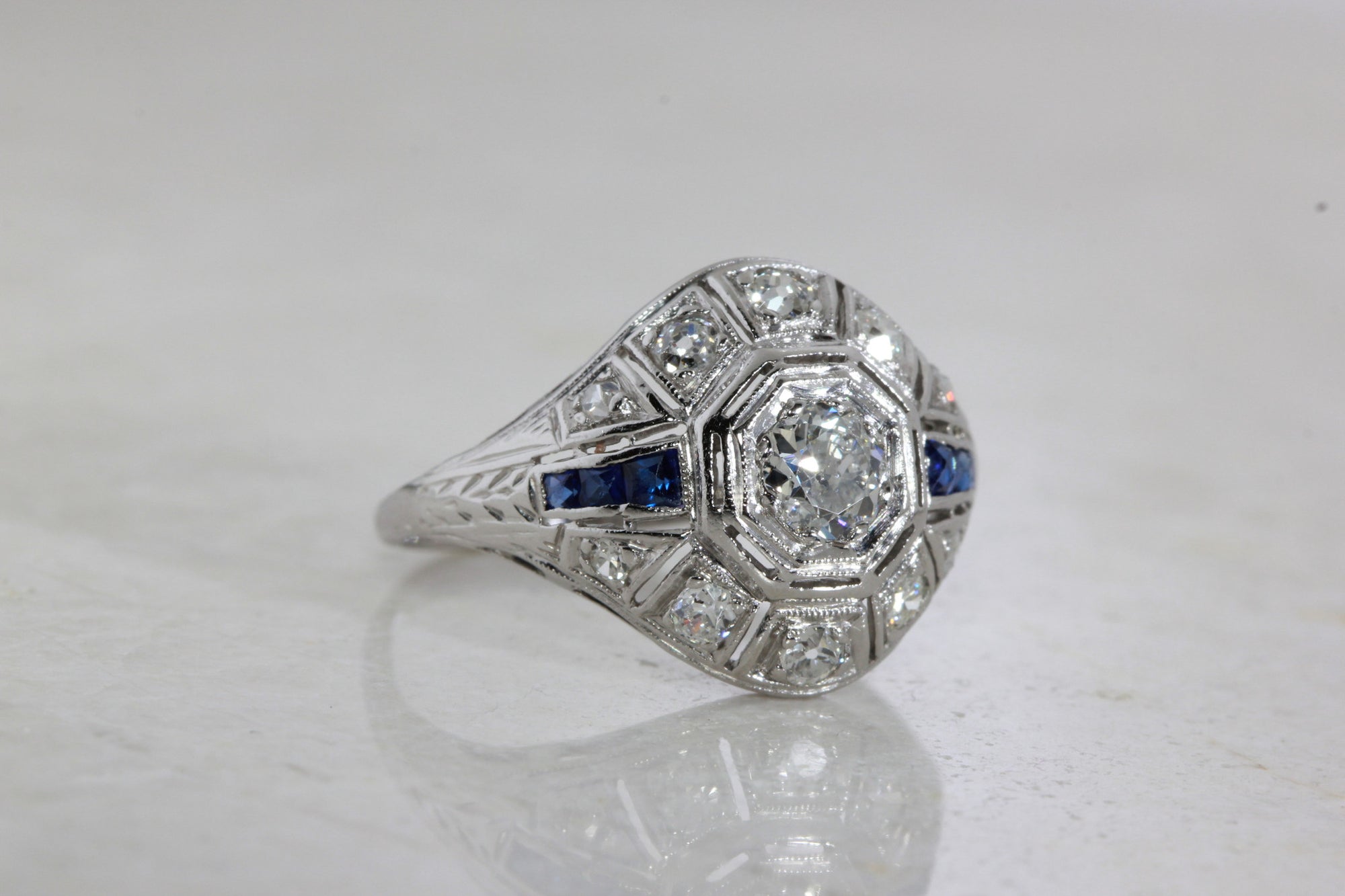 ART DECO FILIGREE ENGAGEMENT RING W/ OLD EURO DIAMOND AND SAPPHIRE IN PLATINUM