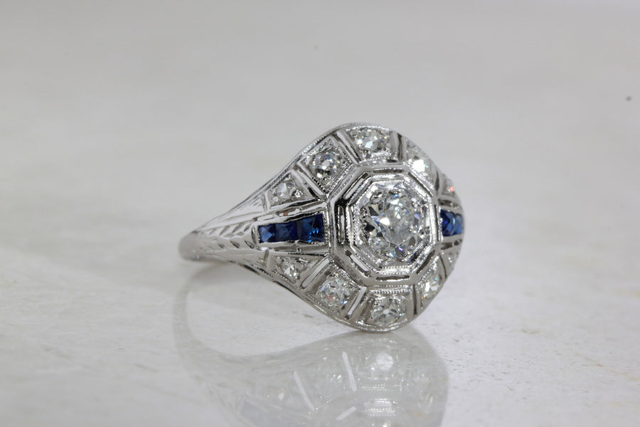 ART DECO FILIGREE ENGAGEMENT RING W/ OLD EURO DIAMOND AND SAPPHIRE IN PLATINUM