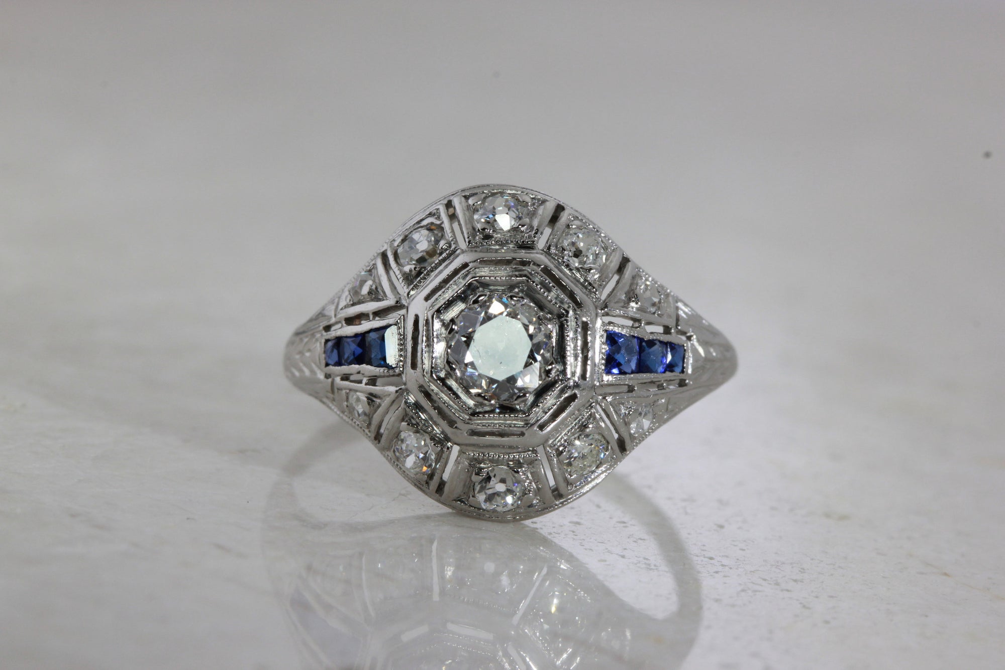 ART DECO FILIGREE ENGAGEMENT RING W/ OLD EURO DIAMOND AND SAPPHIRE IN PLATINUM