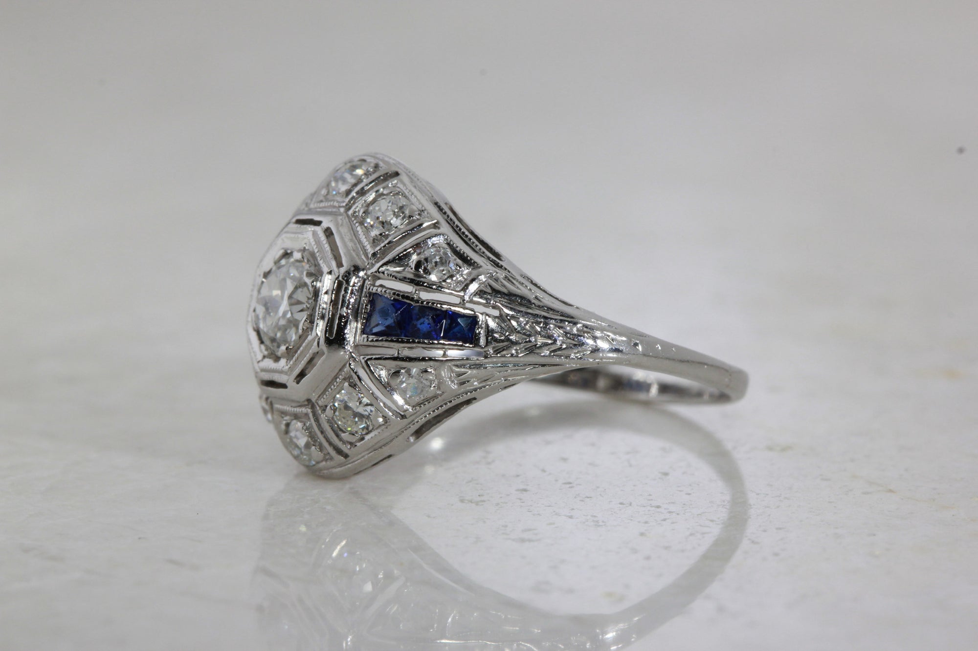 ART DECO FILIGREE ENGAGEMENT RING W/ OLD EURO DIAMOND AND SAPPHIRE IN PLATINUM