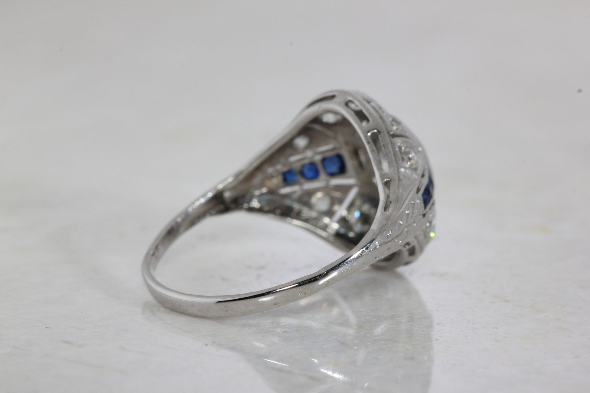 ART DECO FILIGREE ENGAGEMENT RING W/ OLD EURO DIAMOND AND SAPPHIRE IN PLATINUM