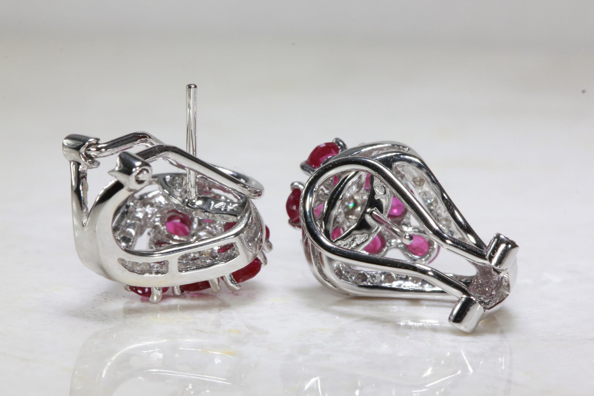 RUBY & DIAMOND FLOWER EARRINGS IN 14k WHITE GOLD SETTING