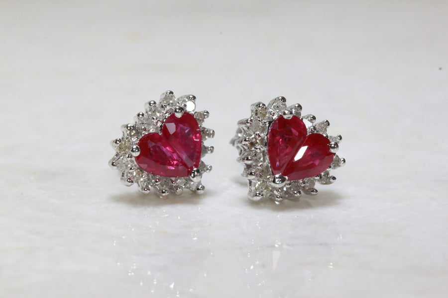 RUBY & DIAMOND HALO HEART EARRINGS IN 14k WHITE GOLD SETTING STUD