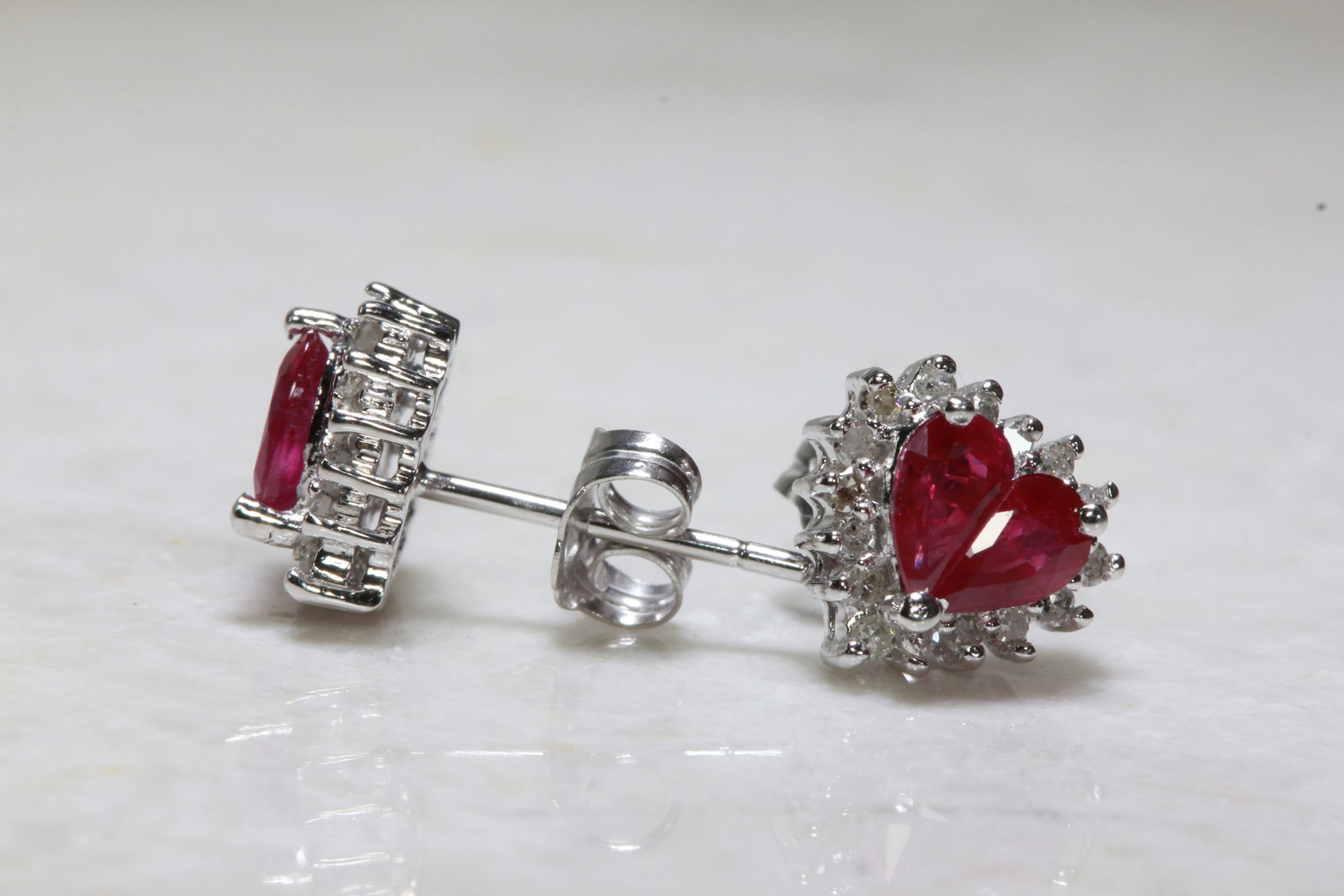 RUBY & DIAMOND HALO HEART EARRINGS IN 14k WHITE GOLD SETTING STUD