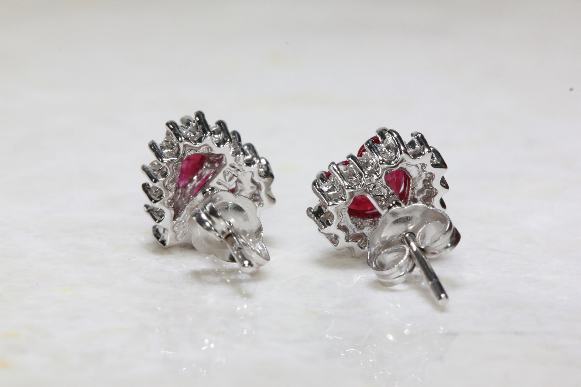 RUBY & DIAMOND HALO HEART EARRINGS IN 14k WHITE GOLD SETTING STUD