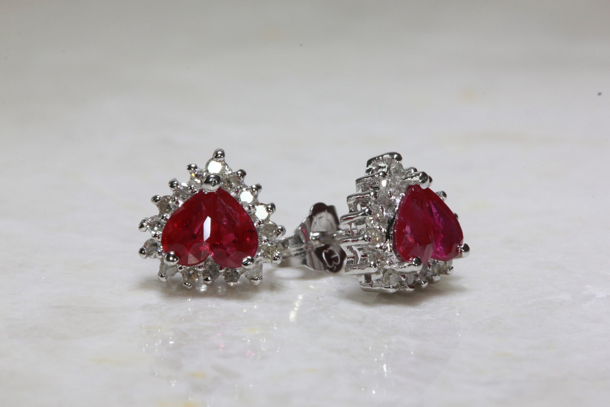RUBY & DIAMOND HALO HEART EARRINGS IN 14k WHITE GOLD SETTING STUD