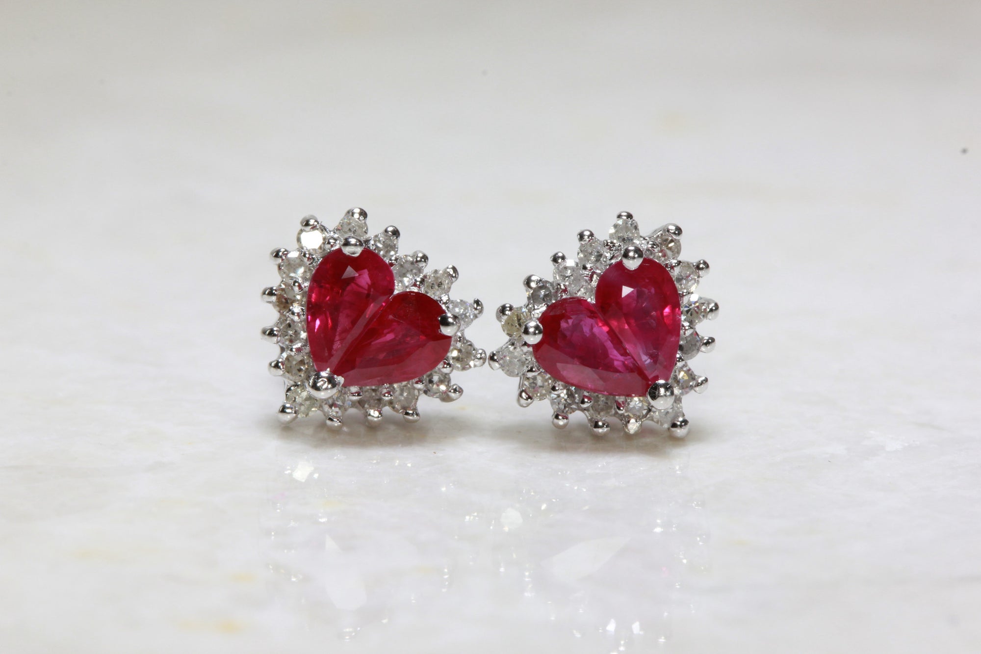RUBY & DIAMOND HALO HEART EARRINGS IN 14k WHITE GOLD SETTING STUD