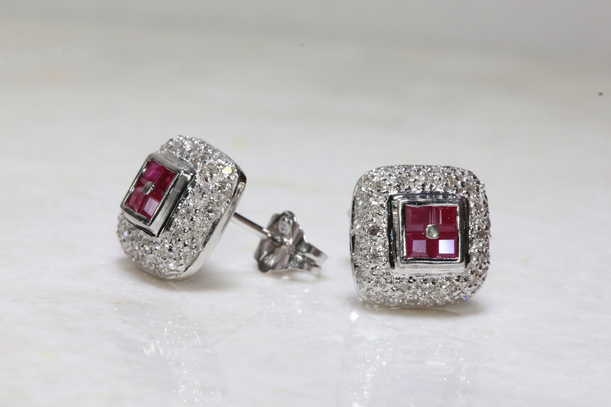 RUBY & DIAMOND SQUARE HALO EARRINGS IN 14k WHITE GOLD SETTING STUDS