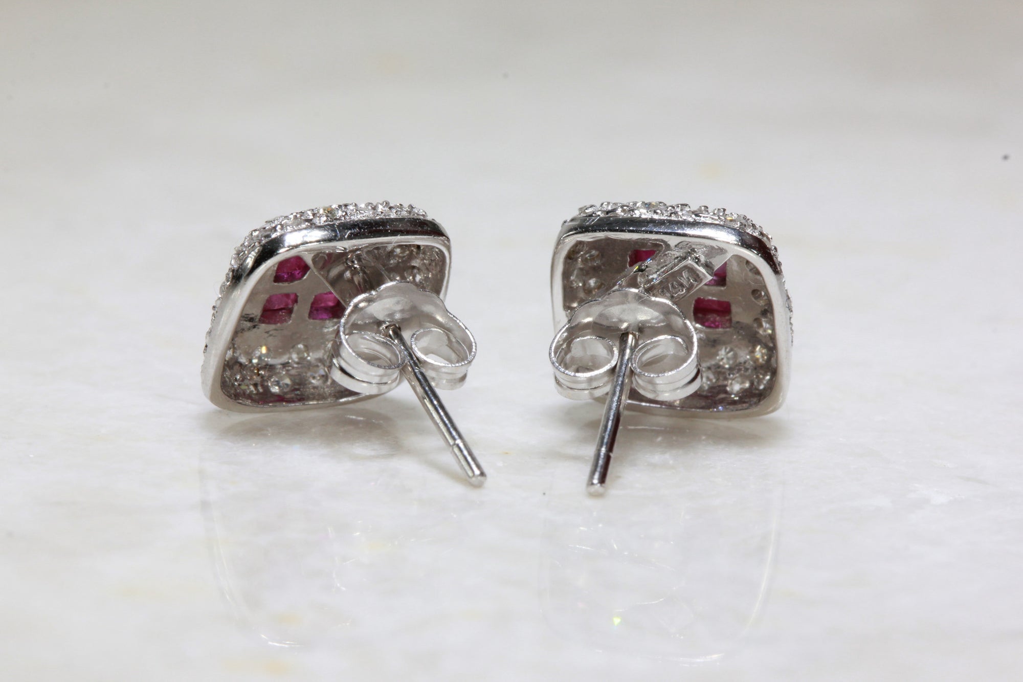 RUBY & DIAMOND SQUARE HALO EARRINGS IN 14k WHITE GOLD SETTING STUDS