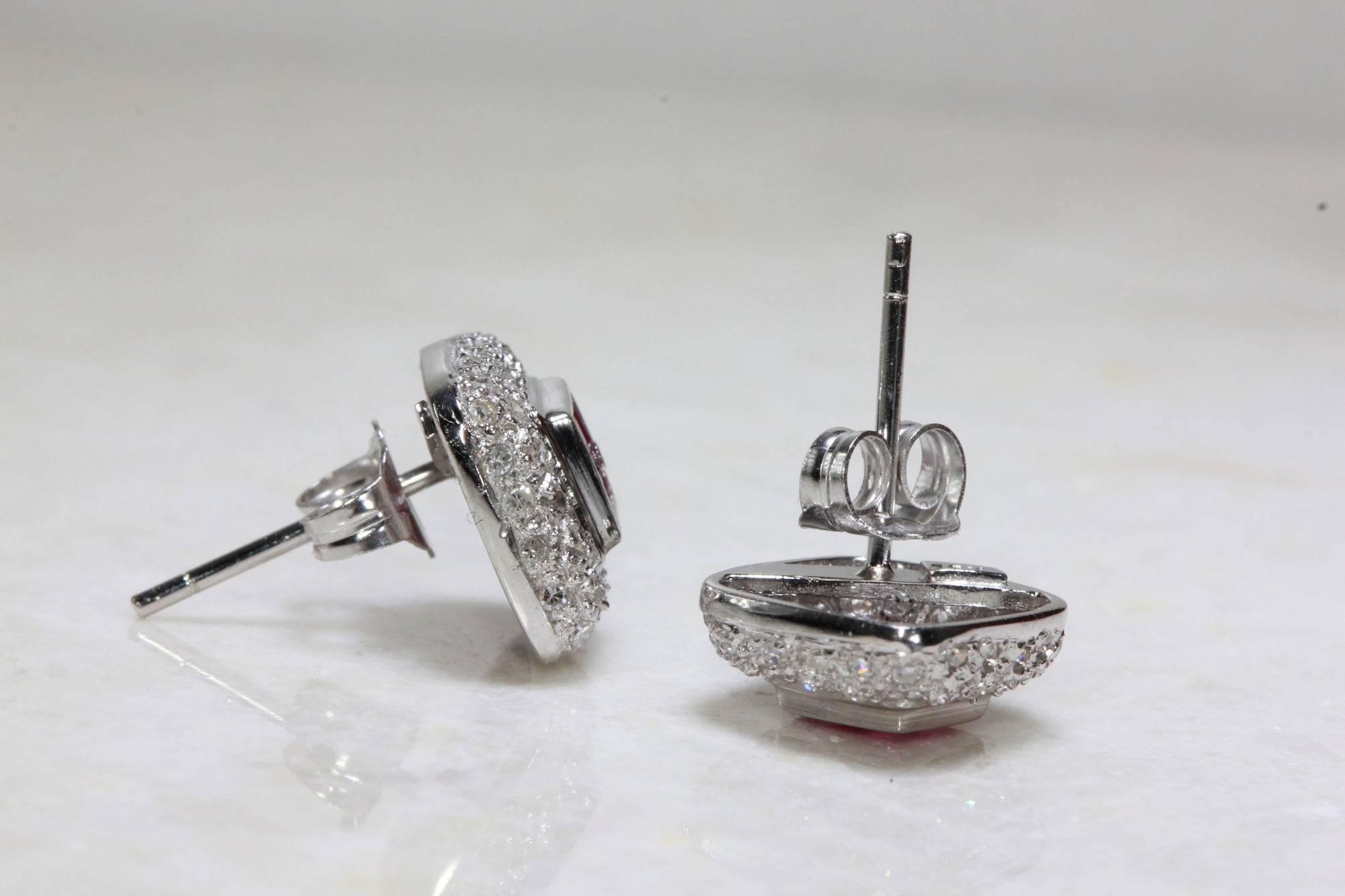 RUBY & DIAMOND SQUARE HALO EARRINGS IN 14k WHITE GOLD SETTING STUDS