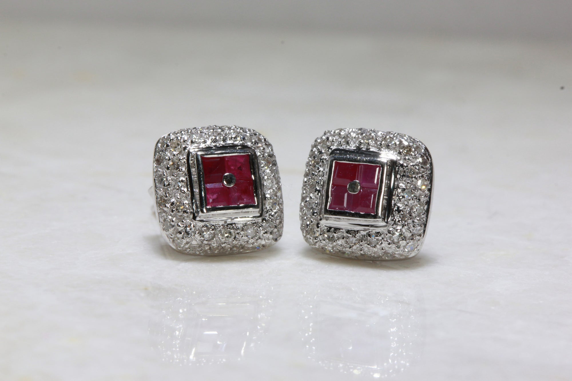 RUBY & DIAMOND SQUARE HALO EARRINGS IN 14k WHITE GOLD SETTING STUDS