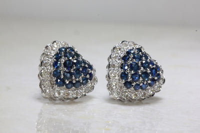 BLUE SAPPHIRE DIAMOND HEART EARRINGS IN 14k WHITE GOLD SETTING