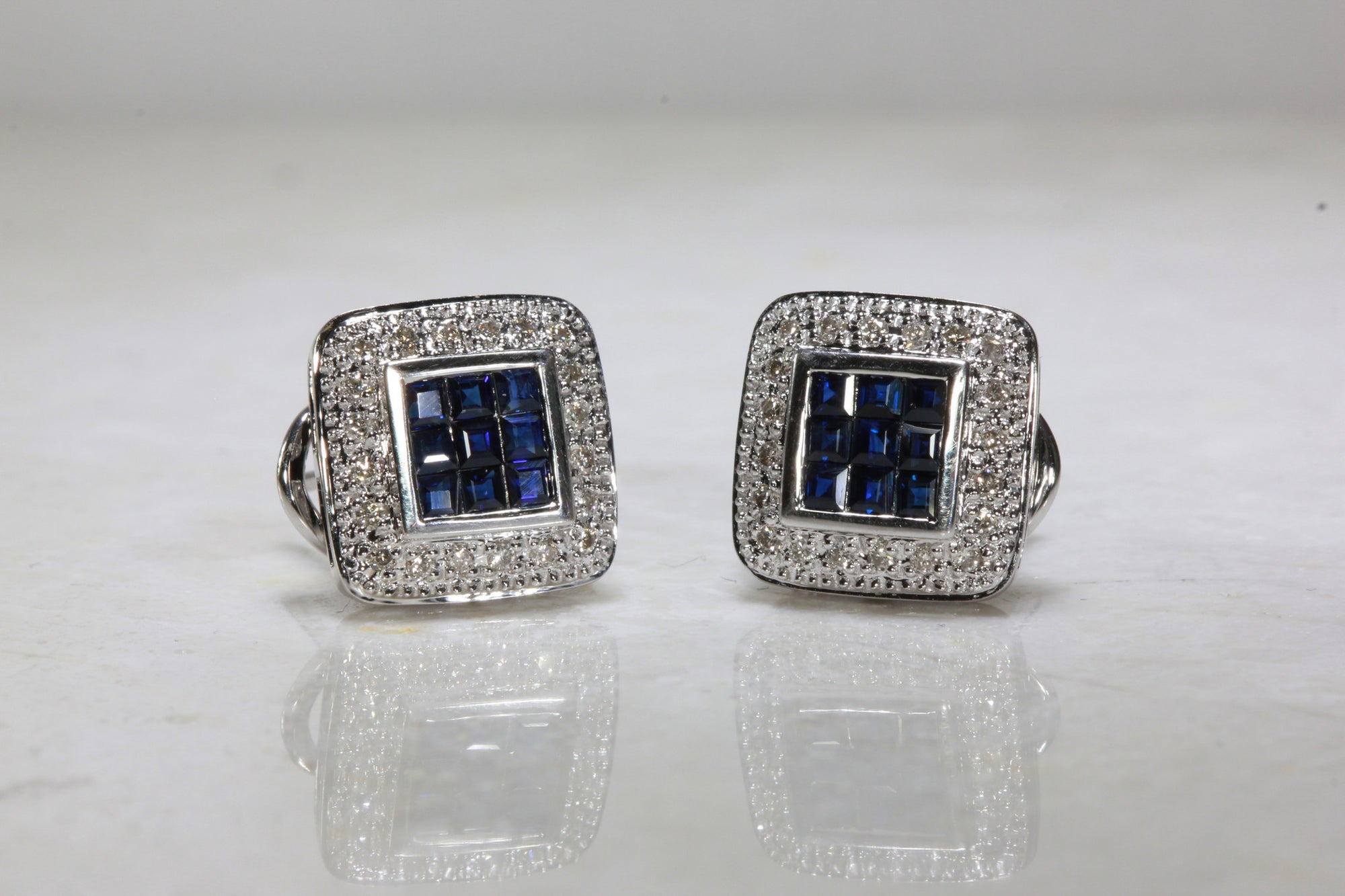 BLUE SAPPHIRE DIAMOND SQUARE HALO EARRINGS IN 14k WHITE GOLD SETTING