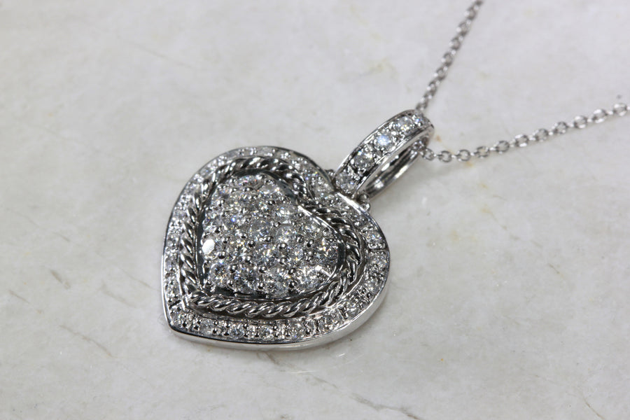ESTATE 14K GOLD DIAMOND HEART PENDANT .95 CT & 14K GOLD CHAIN 14CT WHITE