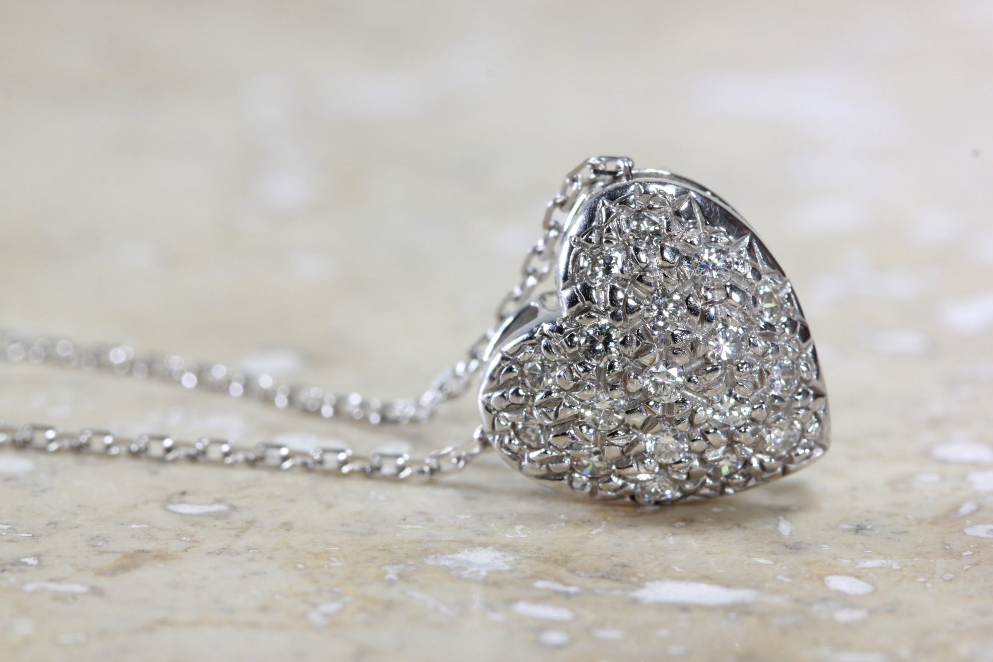 SOLID WHITE GOLD DIAMOND HEART PENDANT PAVE SET 14k WITH 14K WHITE GOLD CHAIN