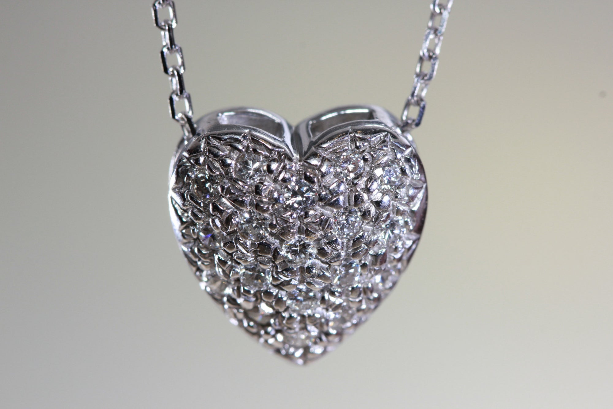 SOLID WHITE GOLD DIAMOND HEART PENDANT PAVE SET 14k WITH 14K WHITE GOLD CHAIN