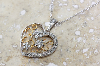 TWO TONE DIAMOND HEART PENDANT 14k FILIGREE WITH 14K WHITE GOLD CHAIN NECKLACE