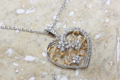 TWO TONE DIAMOND HEART PENDANT 14k FILIGREE WITH 14K WHITE GOLD CHAIN NECKLACE