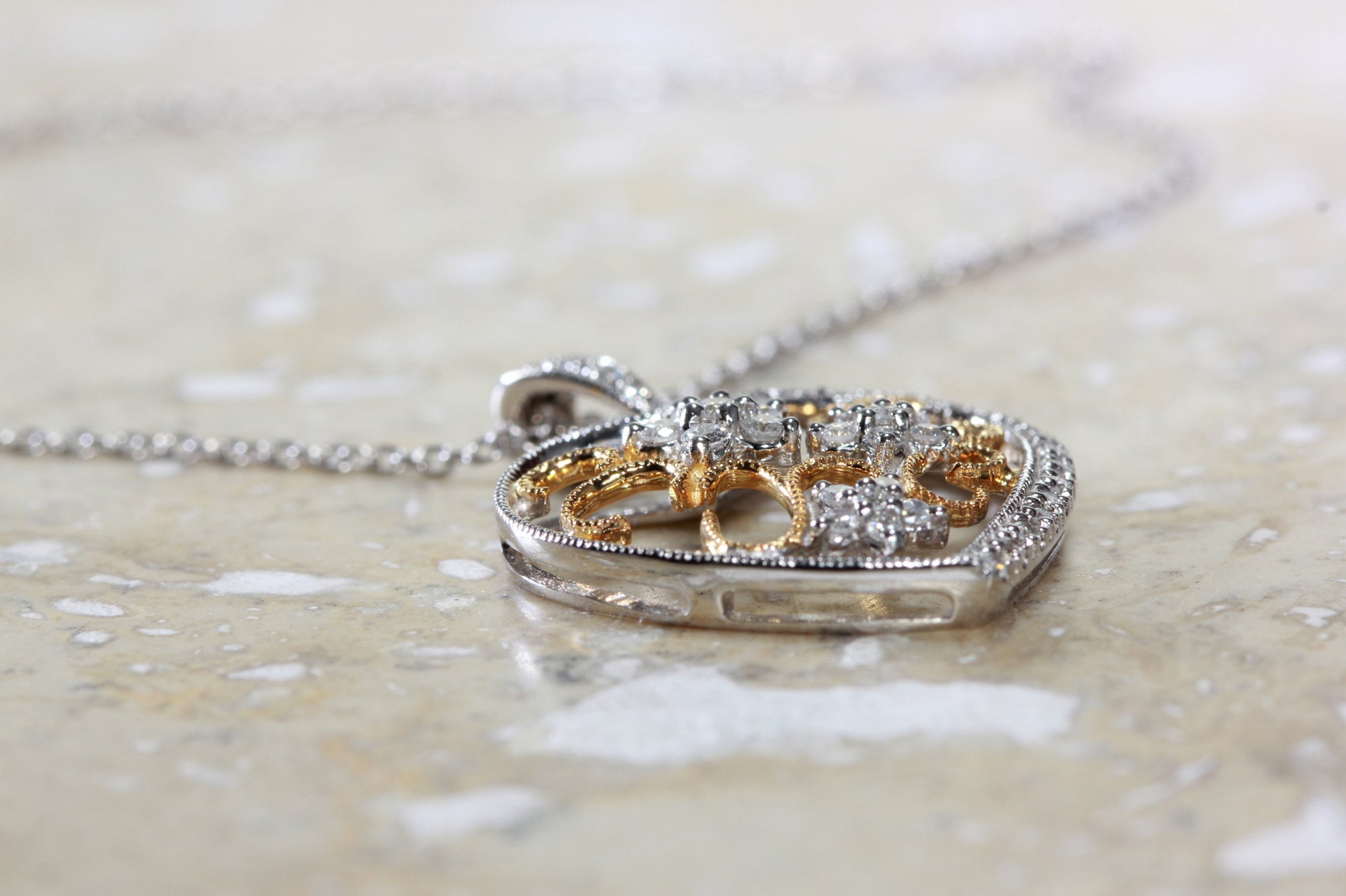 TWO TONE DIAMOND HEART PENDANT 14k FILIGREE WITH 14K WHITE GOLD CHAIN NECKLACE