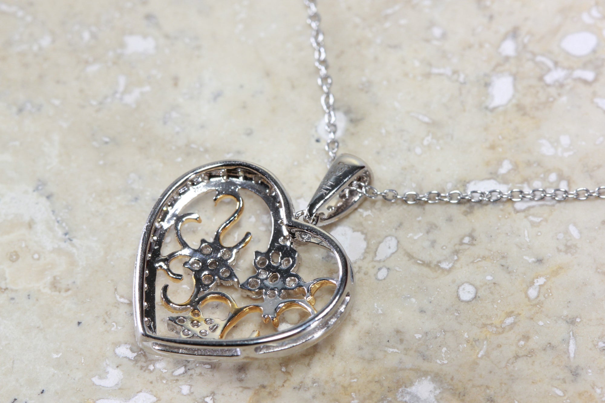 TWO TONE DIAMOND HEART PENDANT 14k FILIGREE WITH 14K WHITE GOLD CHAIN NECKLACE