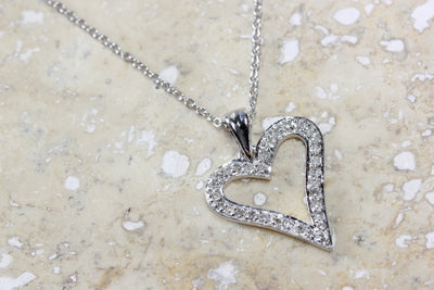 WHITE GOLD DIAMOND HEART PENDANT PAVE SET 14k WITH 14K WHITE GOLD CHAIN