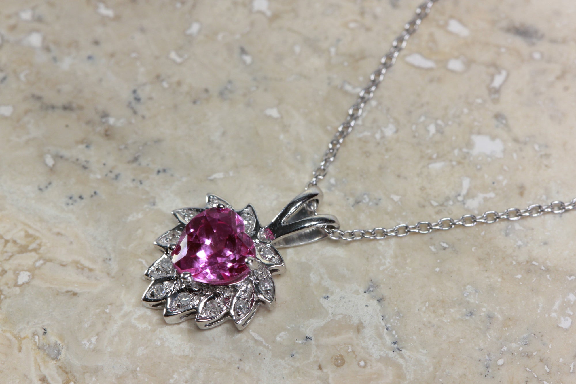 WHITE GOLD DIAMONDS & PINK TOPAZ HEART 14k PENDANT AND CHAIN