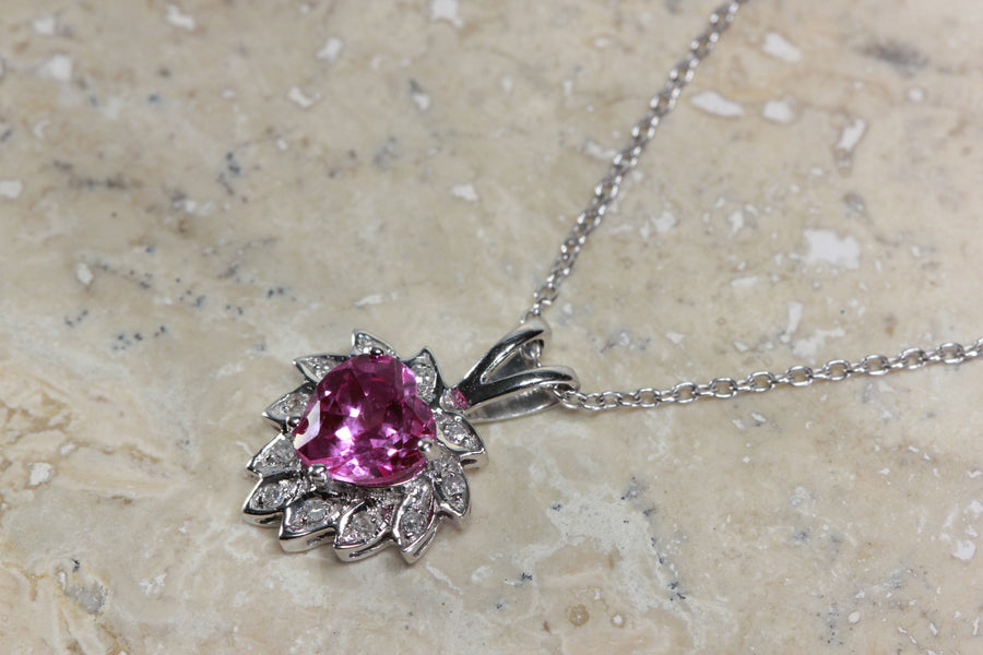WHITE GOLD DIAMONDS & PINK TOPAZ HEART 14k PENDANT AND CHAIN