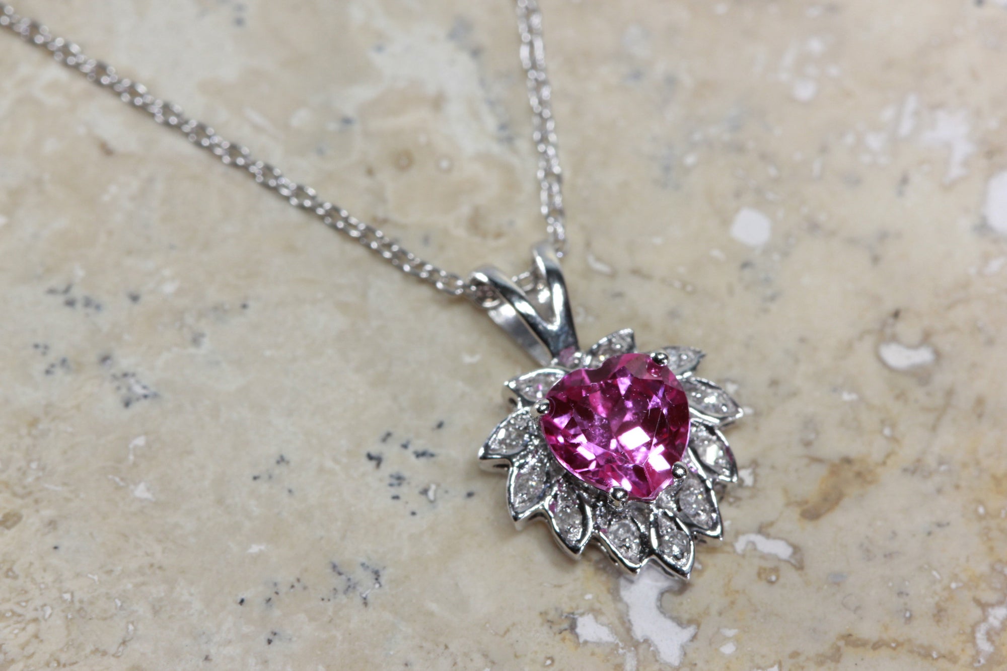 WHITE GOLD DIAMONDS & PINK TOPAZ HEART 14k PENDANT AND CHAIN