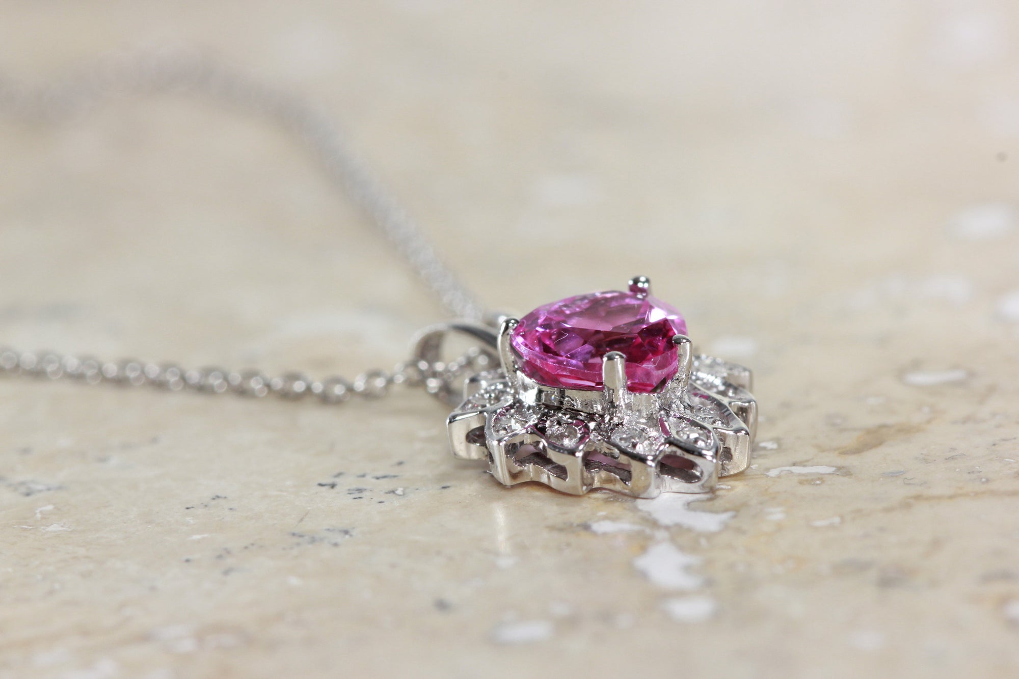 WHITE GOLD DIAMONDS & PINK TOPAZ HEART 14k PENDANT AND CHAIN