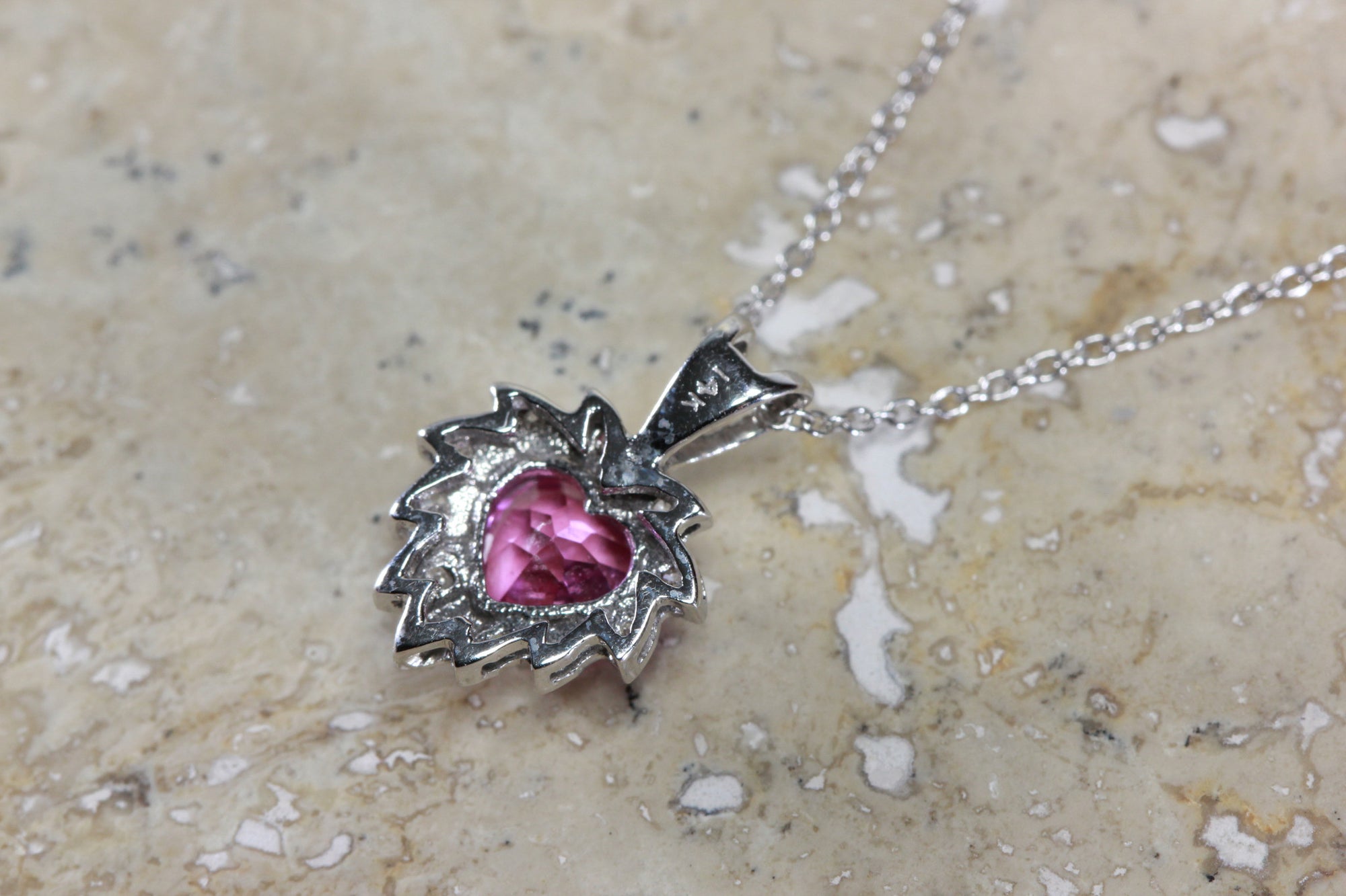 WHITE GOLD DIAMONDS & PINK TOPAZ HEART 14k PENDANT AND CHAIN