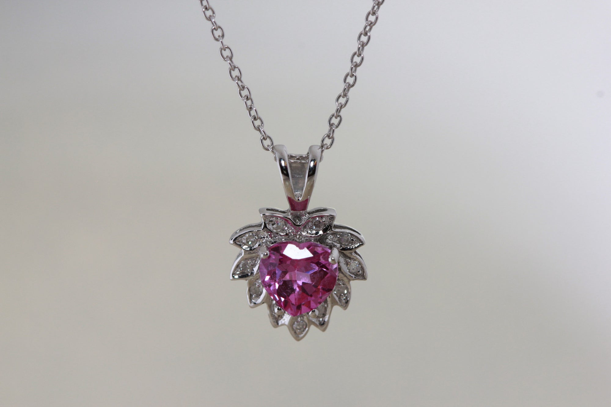 WHITE GOLD DIAMONDS & PINK TOPAZ HEART 14k PENDANT AND CHAIN
