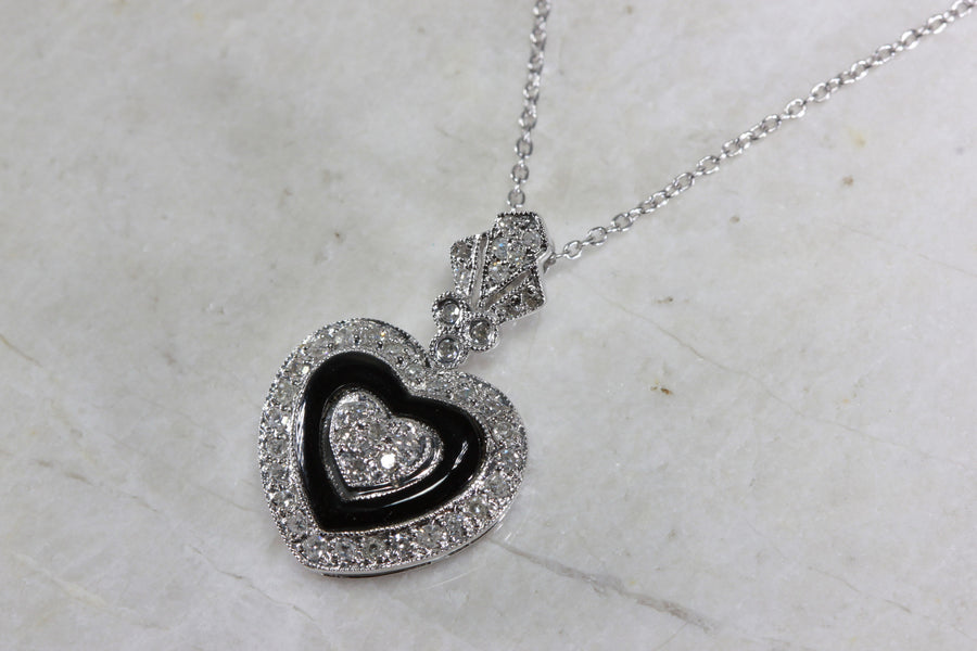 ANTIQUE ONYX & WHITE GOLD DIAMOND HEART PENDANT PAVE SET 14k WITH 14K WHITE GOLD CHAIN NECKLACE