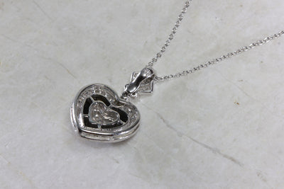 ANTIQUE ONYX & WHITE GOLD DIAMOND HEART PENDANT PAVE SET 14k WITH 14K WHITE GOLD CHAIN NECKLACE