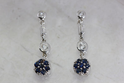 ANTIQUE BLUE SAPPHIRE DIAMOND DANGLE EARRINGS IN 14k WHITE GOLD SETTING