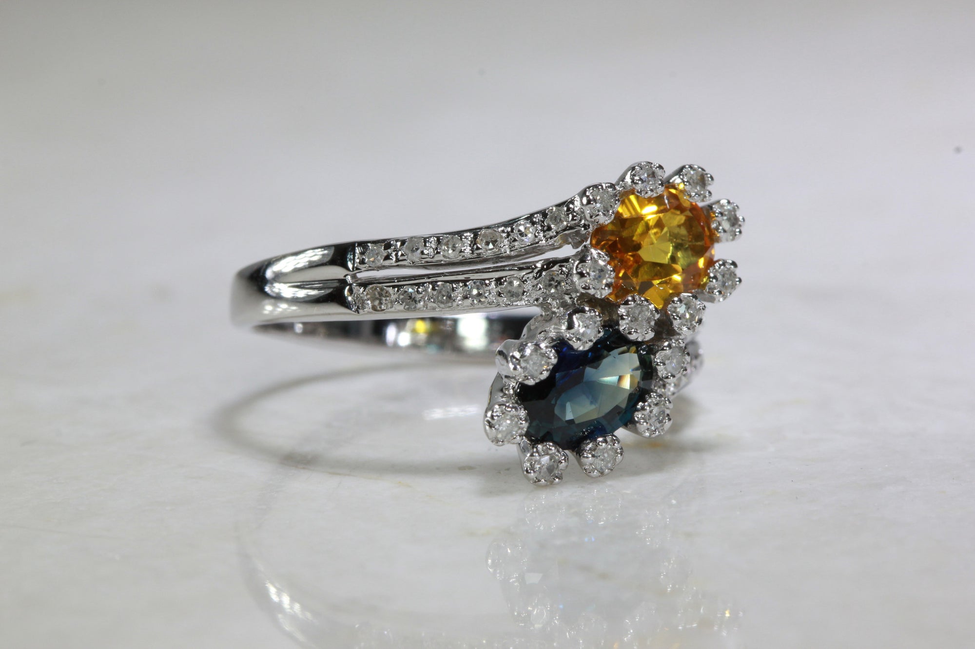 MODERN 14k WHITE GOLD LADIES SAPPHIRE & CITRINE DIAMOND RING