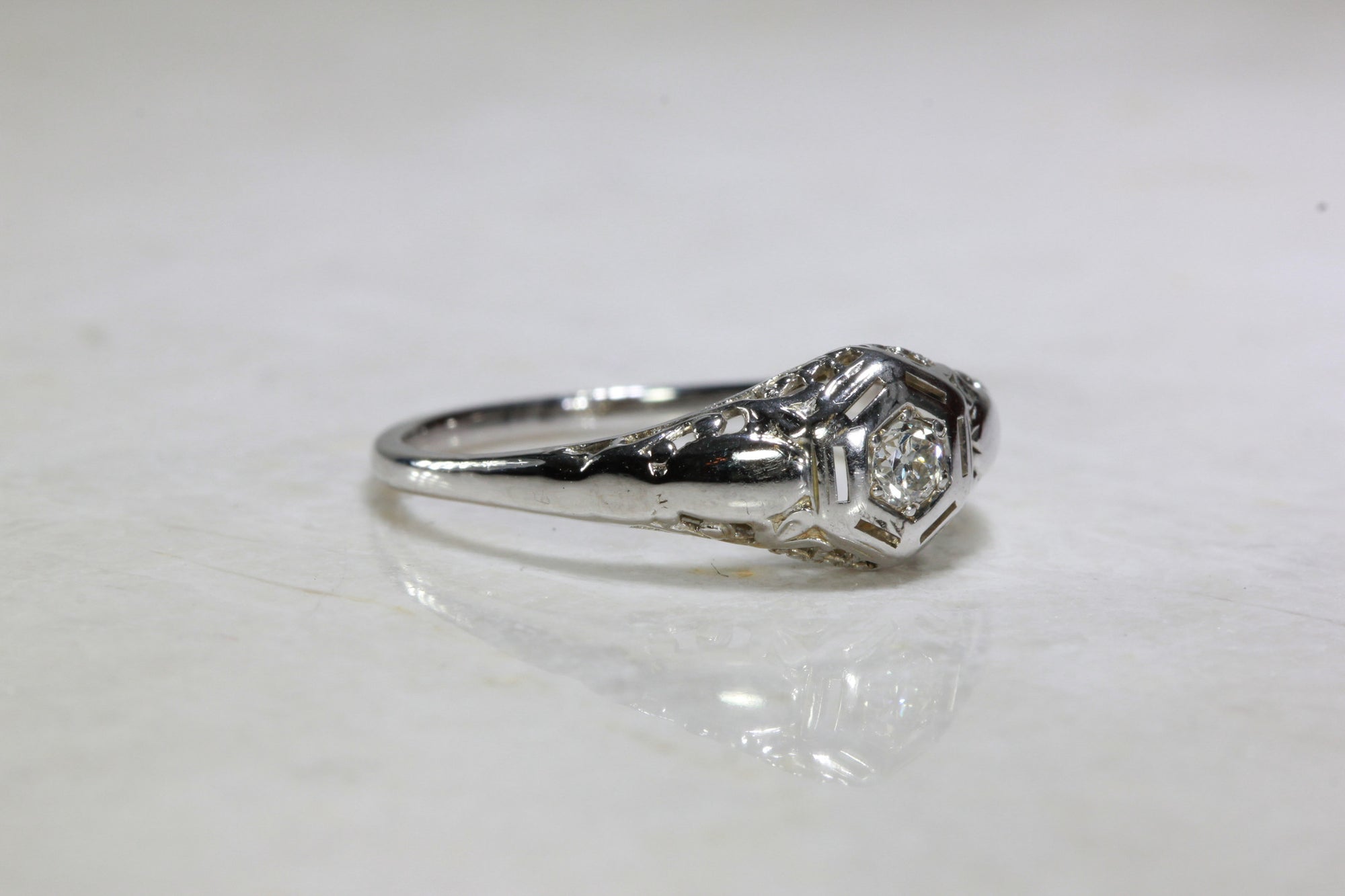 ANTIQUE 14k WHITE GOLD ART DECO FILIGREE ENGAGEMENT RING EUROPEAN CUT DIAMOND  DOME