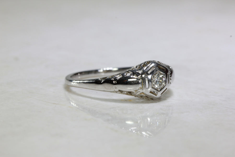 ANTIQUE 14k WHITE GOLD ART DECO FILIGREE ENGAGEMENT RING EUROPEAN CUT DIAMOND  DOME