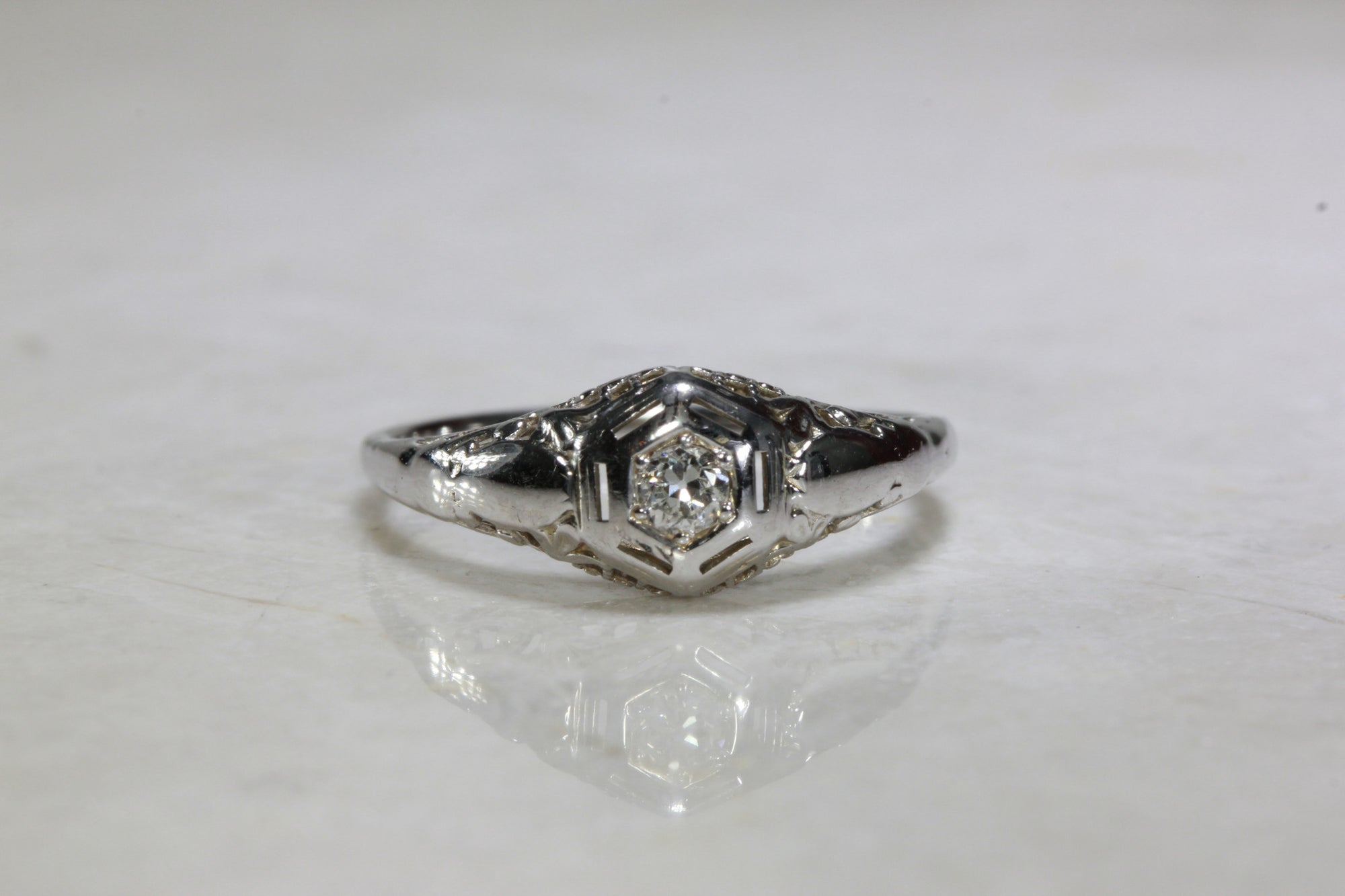 ANTIQUE 14k WHITE GOLD ART DECO FILIGREE ENGAGEMENT RING EUROPEAN CUT DIAMOND  DOME
