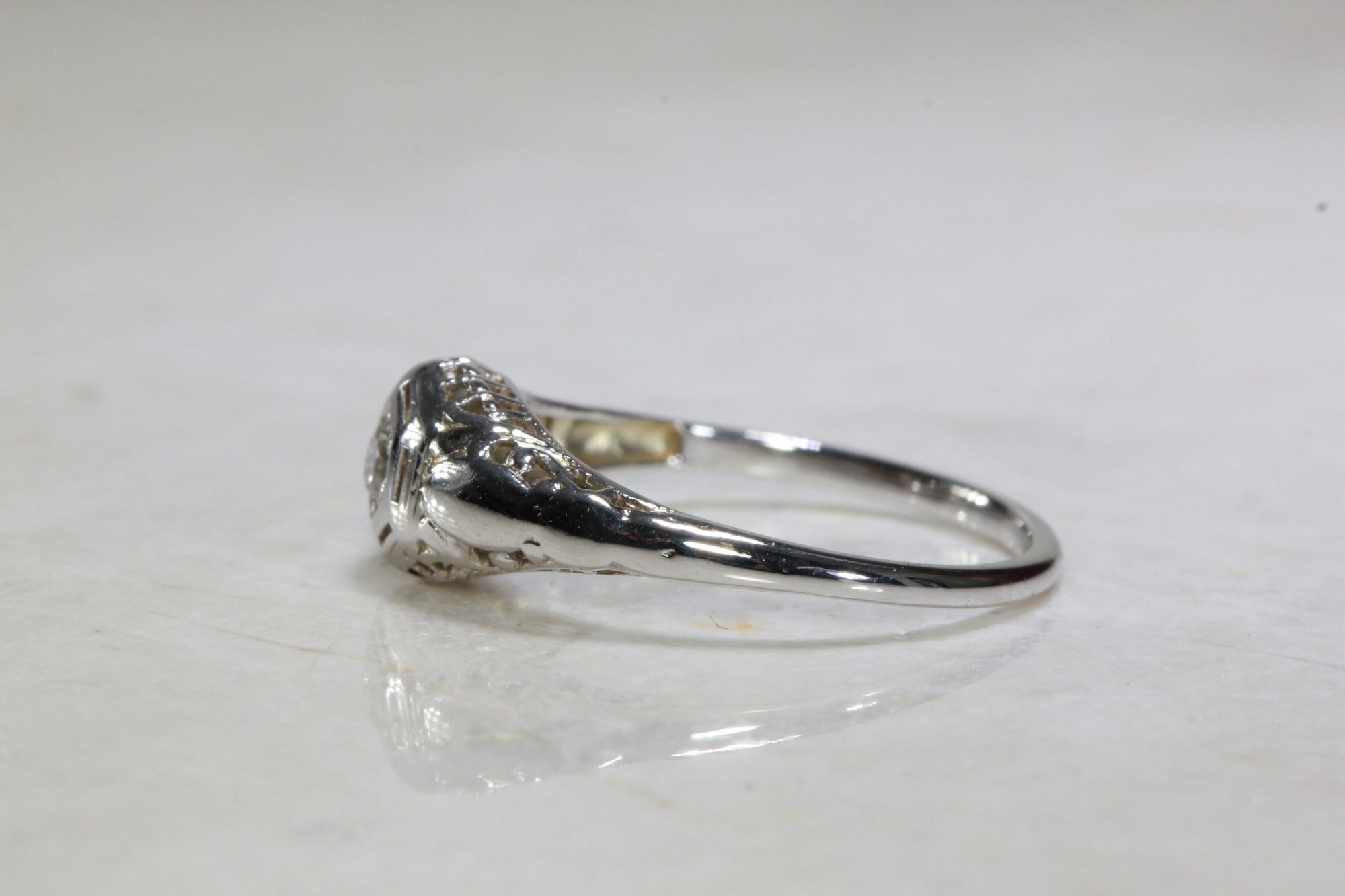 ANTIQUE 14k WHITE GOLD ART DECO FILIGREE ENGAGEMENT RING EUROPEAN CUT DIAMOND  DOME