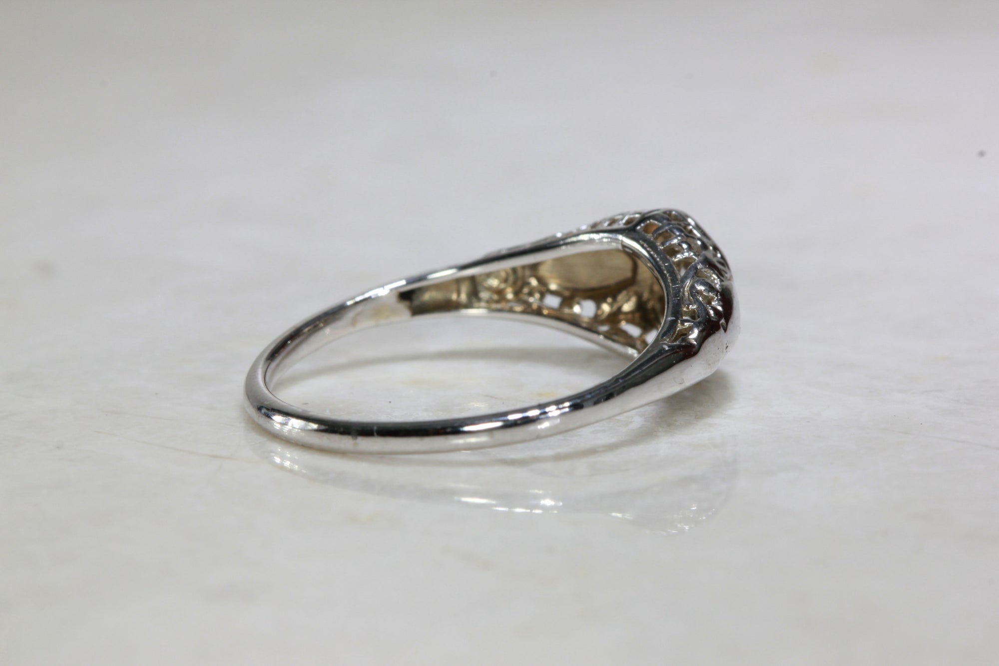 ANTIQUE 14k WHITE GOLD ART DECO FILIGREE ENGAGEMENT RING EUROPEAN CUT DIAMOND  DOME