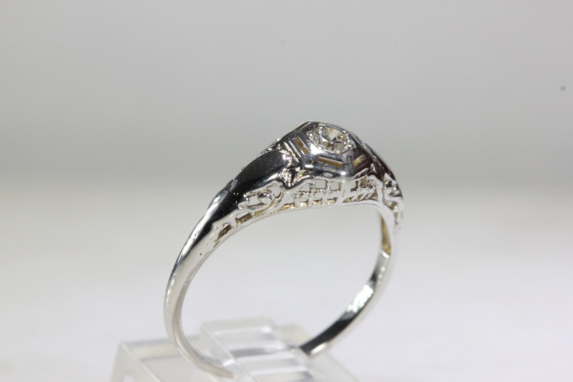 ANTIQUE 14k WHITE GOLD ART DECO FILIGREE ENGAGEMENT RING EUROPEAN CUT DIAMOND  DOME