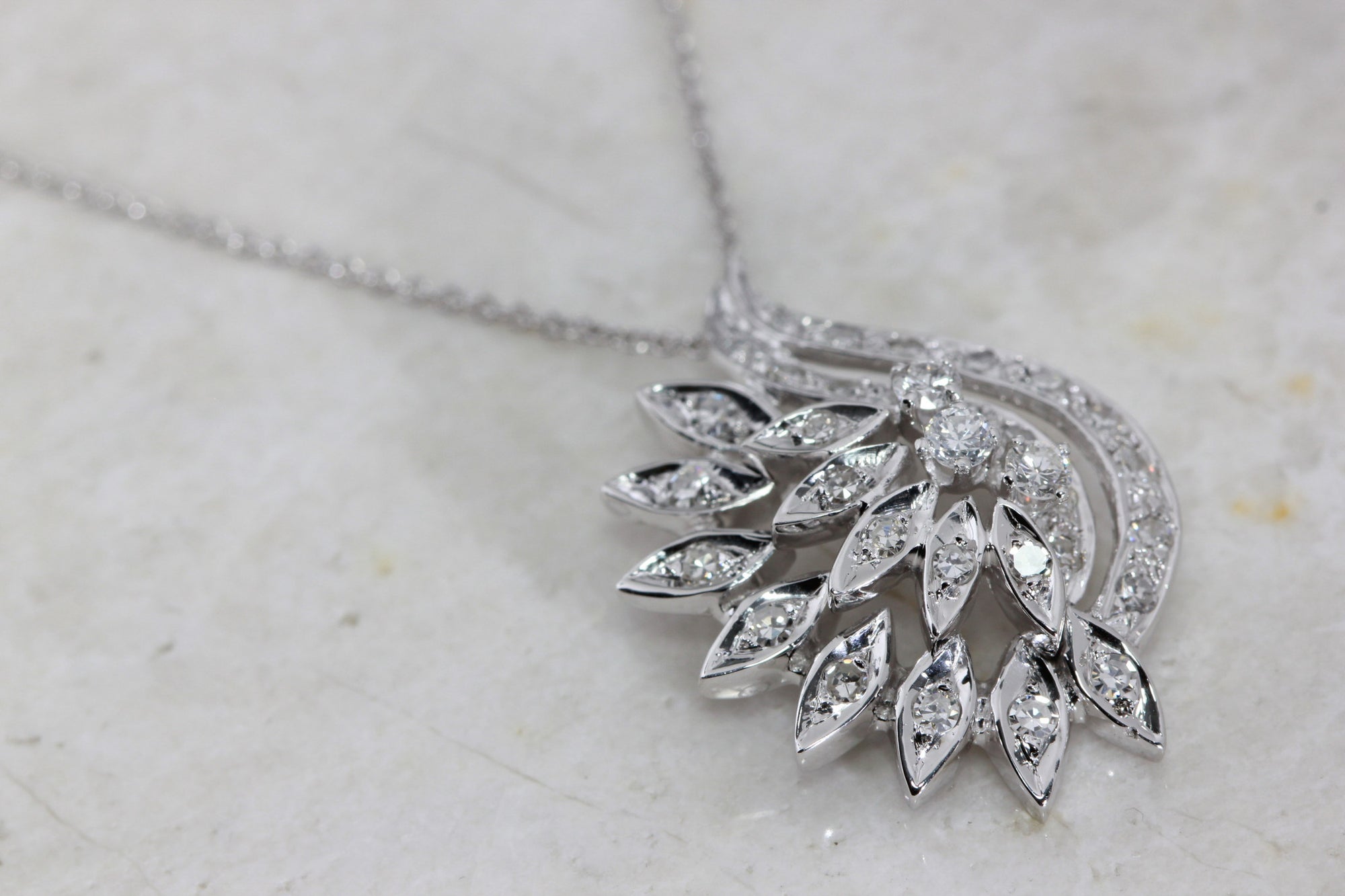 ANTIQUE DIAMOND PENDANT NECKLACE 14K WHITE GOLD & CHAIN