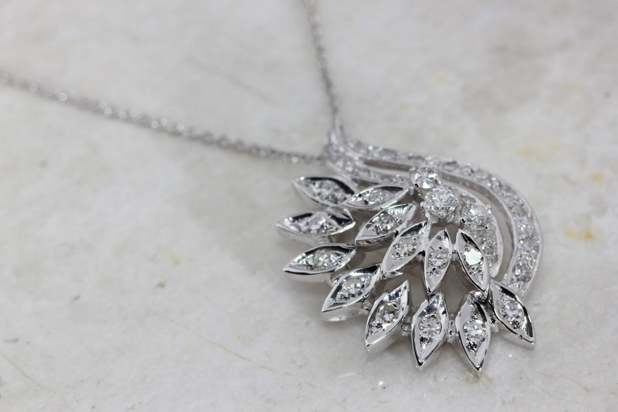 ANTIQUE DIAMOND PENDANT NECKLACE 14K WHITE GOLD & CHAIN