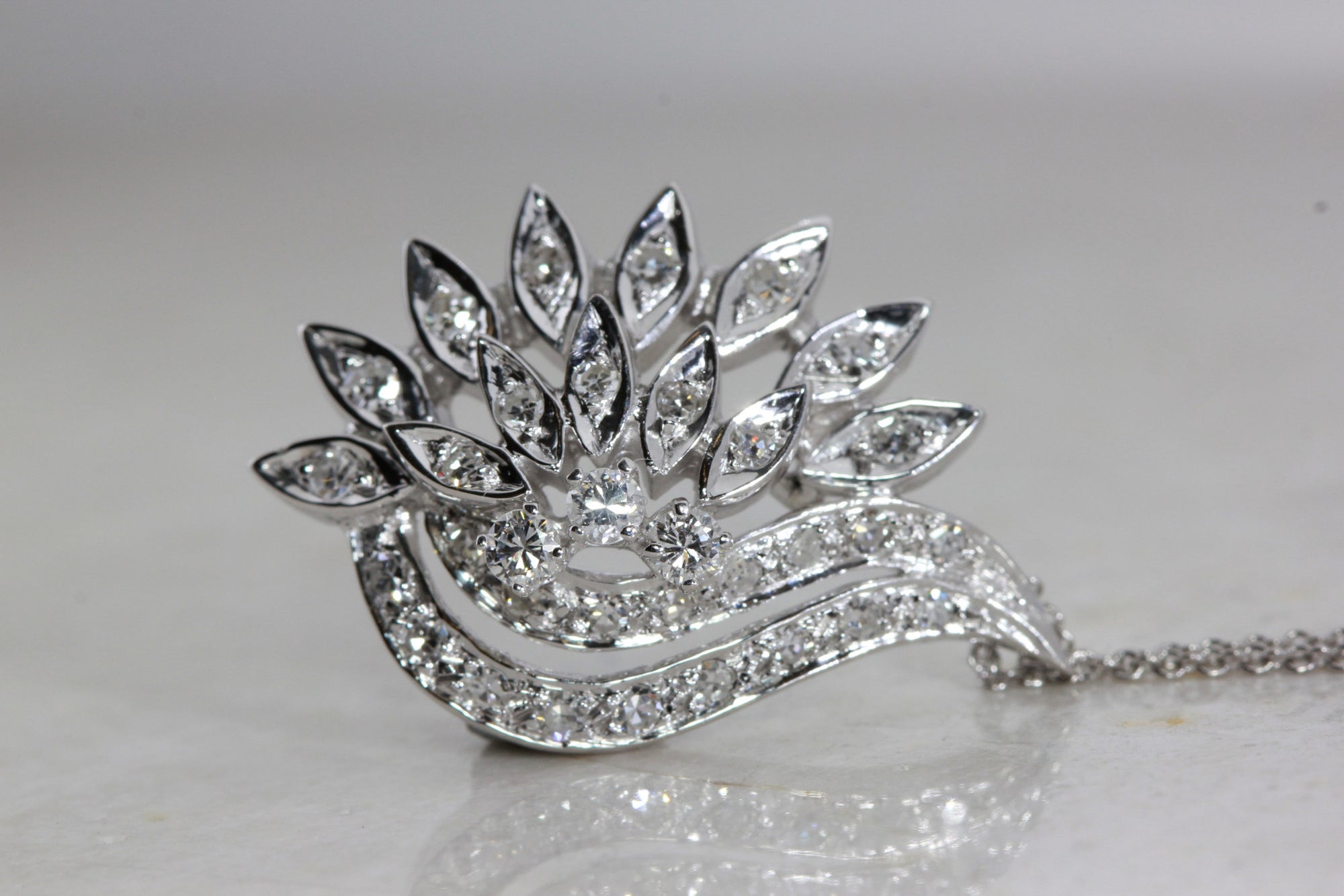 ANTIQUE DIAMOND PENDANT NECKLACE 14K WHITE GOLD & CHAIN